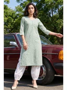 W - Green Geometric V-Neck Kurta