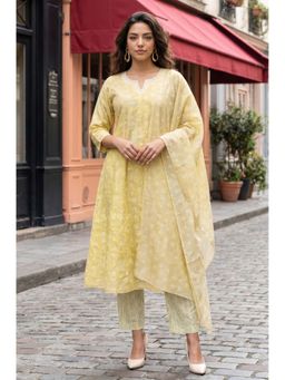W - Yellow Printed Round Neck Kurta Pant with Dupatta