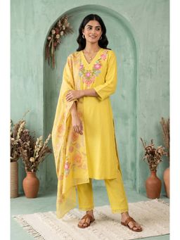 W - Yellow Embroidered V-Neck Kurta Pant with Dupatta