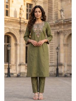W - Olive Embroidered Round Neck Kurta & Pant