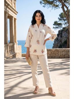 W - Cream Embroidered Mandarin Neck Co-ord Set