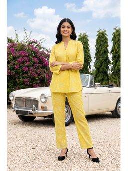 W - Yellow Embroidered Mandarin Neck Co-ord Set