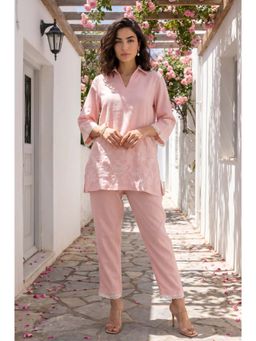 W - Pink Embroidered Collar Neck Co-ord Set
