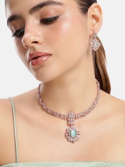 Estele - Mint Green Cz Necklace Set with Rose Gold Finish