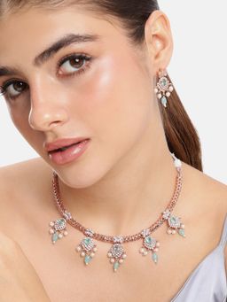 Estele - Rose Gold Mint Green Cz Necklace Earrings Set