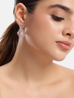 Estele - Mint Pink Cz Stone Pearl Dangler Earrings with Rosegold Finish