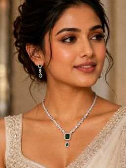 Fida - Silver Women Ethnic Square Emerald Green Pendant Necklace Set