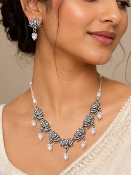 Fida - Silver Women Ethnic Lotus Motif Necklace Set