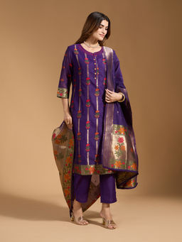 Gahan - Floral Brocade Embroidery Stitch Purple Kurta and Pant with Butta Dupatta (Set of 3)