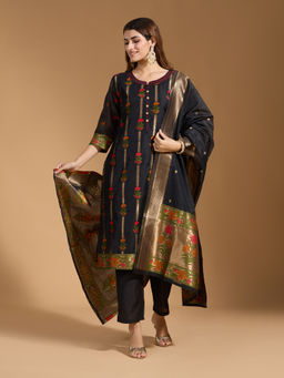 Gahan - Floral Brocade Embroidery Stitch Black Kurta and Pant with Butta Dupatta (Set of 3)