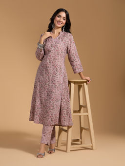 Gahan - Soft Cotton Jaipuri Floral Printed Lace Mauve Angrakha Kurta with Pant (Set of 2)