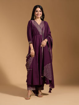 Gahan - Roman Silk Solid Stripes Gota Lace Wine Anarkali & Pant with Tasseled Dupatta (Set of 3)