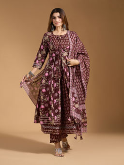 Gahan - Cotton Jaipuri Floral Gota Lace Brown Layered Anarkali & Pant with Dupatta (Set of 3)