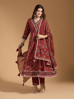 Gahan - Cotton Jaipuri Floral Gota Lace Rust Angarkha & Pant with Tasseled Dupatta (Set of 3)