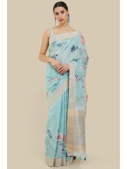 Soch - Women Blue Linen Printed Saree with Unstitched Blouse