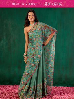 Gajra Gang - Rishi Vibhuti Teal Printed one Shoulder overlay & inner Co-ord Set (Set of 2) GGRVSKD05
