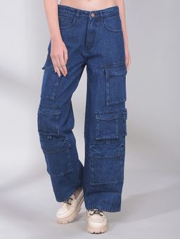 CRIMSOUNE CLUB - Women's Blue 100% Cotton Baggy Cargo Jeans