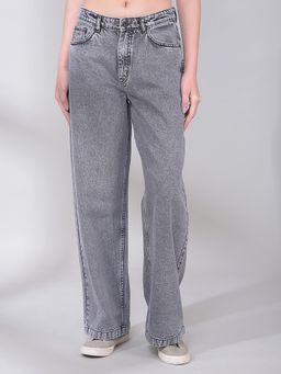 CRIMSOUNE CLUB - Women's Grey 100% Cotton Wide-Leg Jeans