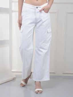 CRIMSOUNE CLUB - Women's White 100% Cotton Wide-Leg Cargo Jeans