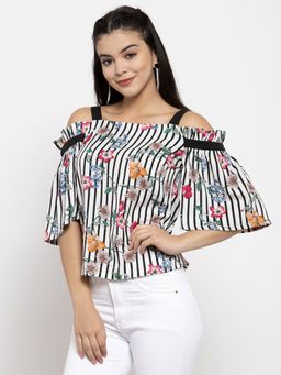 KASSUALLY - White Printed Strap Frilly Top
