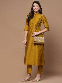 Anekaant - Coffer Camel and Gold Abstract Embellished Suede Clutch