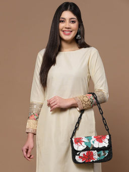 Anekaant - Coffer Black and Multi Floral Embellished Faux Silk Clutch