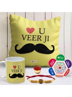 Indigifts - Cushion With Filler, Mug 330 Ml, Crystal Rakhi , Roli & Greeting Card (12x12 inches)