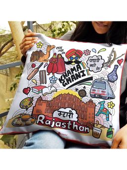 Indigifts - Rajasthan Doodle Art Reversible Zipper Cushion With Filler (16x16 inches)