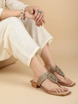 Inc.5 - Womens Golden Ethnic Embellished Round Toe Block Heels