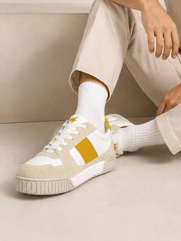 Cantabil - Mens White & Beige Colorblock Casual Sneakers