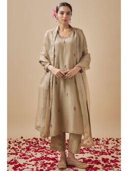 Cupid Cotton - Stone Khaki Kurta with Pants and Dupatta (Set of 3)