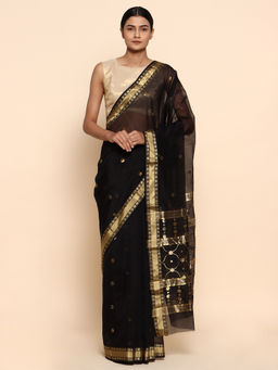 CHOWDHRAIN - Simple and Black Chanderi Saree with Unstitched Blouse Piece