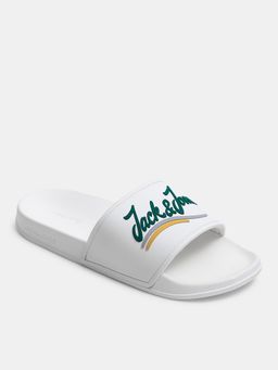Jack & Jones - White Cursive Logo Pool Sliders