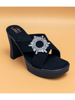 Dapper Feet - Rhinestone Broach Sandal Heels - Black