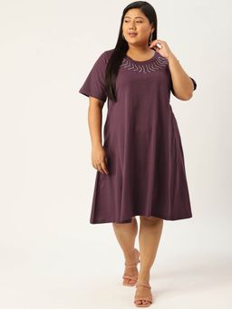 theRebelinme - Womens Purple Solid Color Crystal Motify A-line Midi Dress