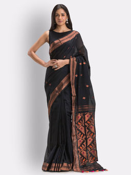 Angoshobha - Black Handloom Traditional Cotton Tangail Saree with Unstitched Blouse