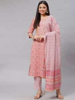 Divena - Pink Cotton Kurta Pant with Dupatta (Set of 3)