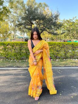 Odette - Yellow Organza Silk Saree with Unstitched Blouse