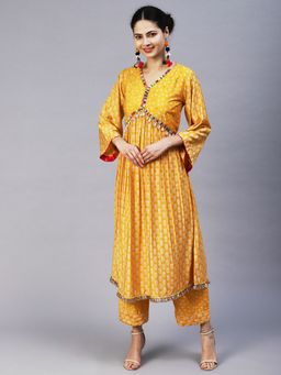 FASHOR - Floral & Bandhani Printed Embroidered A-line Kurta with Pants - Yellow (Set of 2)