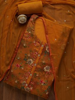 Koskii - Mustard Print Georgette Unstitched Salwar Suit (Set of Three)
