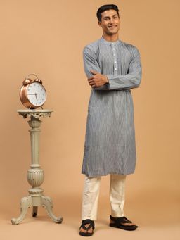 Vastramay - Men Grey And Cream Cotton Blend Kurta Pyjama (Set of 2)