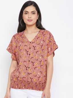 CRIMSOUNE CLUB - Women Peach Printed V Neck Top