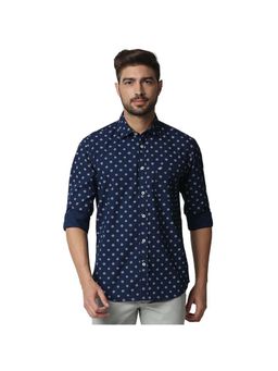 BASICS - Casual Printed Navy 100% Cotton Slim Shirt
