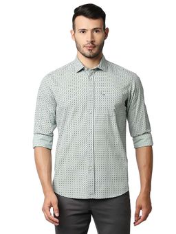 BASICS - Casual Printed Light Green 100% Cotton Slim Shirt