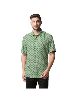 BASICS - Casual Printed Green 100% Cotton Slim Shirt