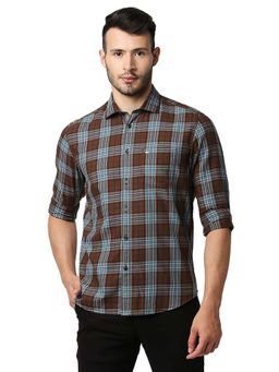 BASICS - Casual Checked Brown 100% Cotton Slim Shirt