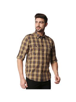 BASICS - Casual Checked Dark Brown 100% Cotton Slim Shirt