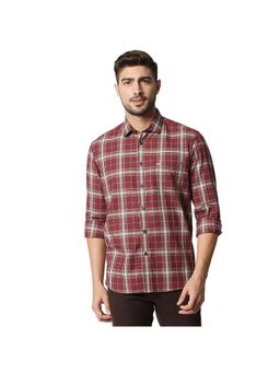 BASICS - Casual Checked Maroon 100% Cotton Slim Shirt