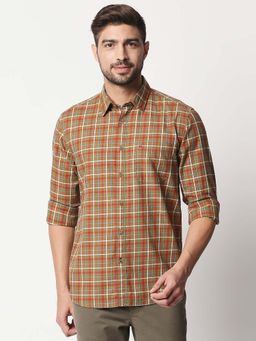 BASICS - Casual Checked Light Brown 100% Cotton Slim Shirt