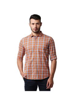 BASICS - Casual Checked Orange 100% Cotton Slim Shirt